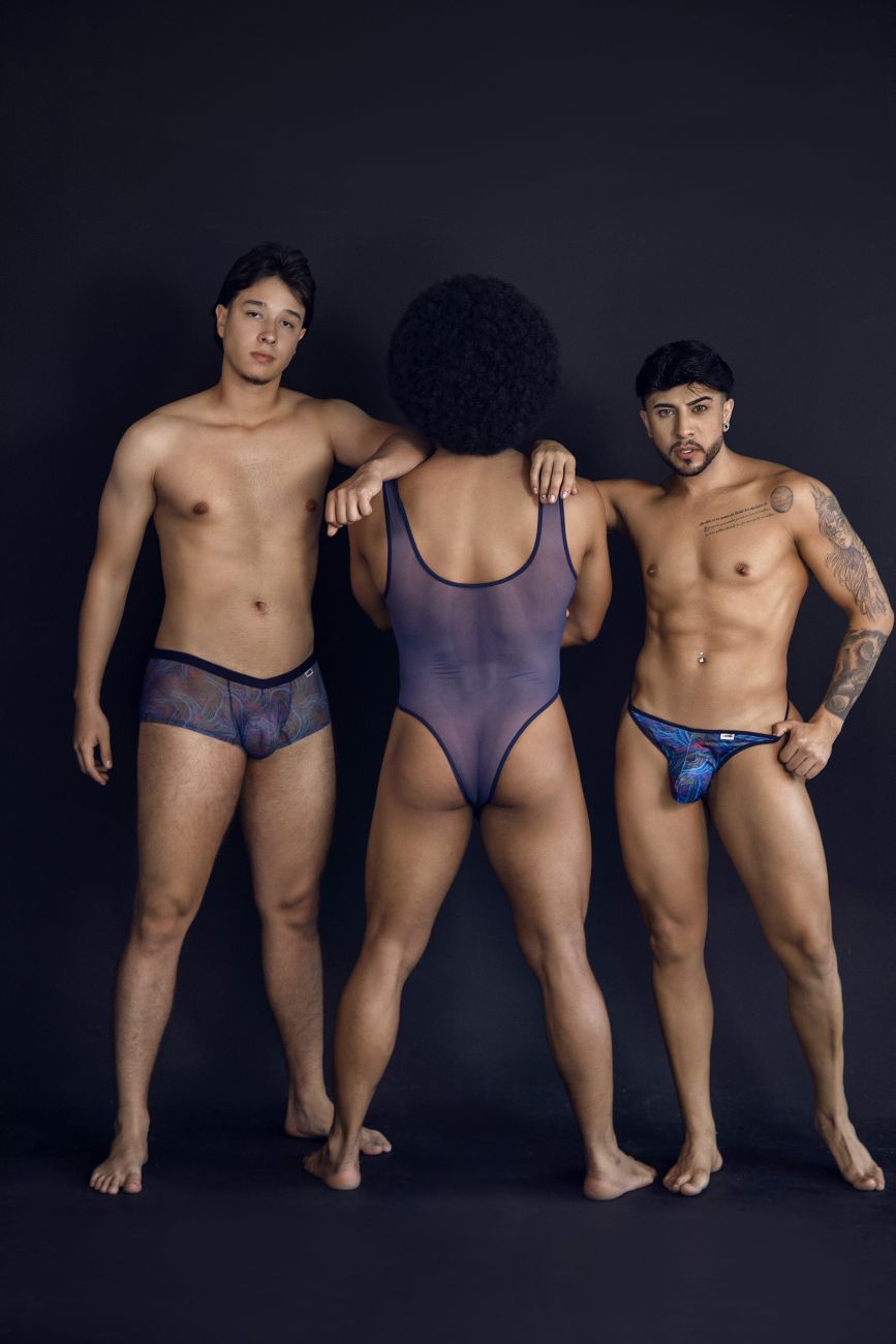 The central figure wears a sheer dark purple one-piece bodysuit with black trim in CandyMan 99873 multicolor seawater trunks