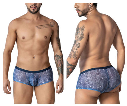 CandyMan 99873 blue white trunks with blue lace pattern and solid navy waistband for men’s underwear