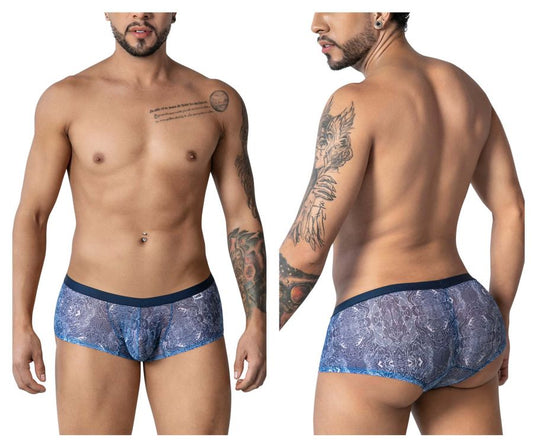 CandyMan 99873 blue white trunks with blue lace pattern and solid navy waistband for men’s underwear