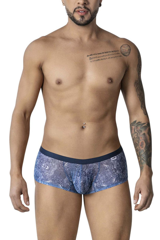 Blue patterned lace briefs with dark blue waistband from candyman 99873 water prints trunks in blue white color