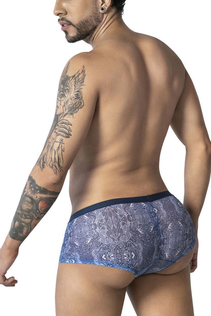 Blue lace-patterned CandyMan 99873 water prints men’s briefs with dark blue waistband in blue-white color