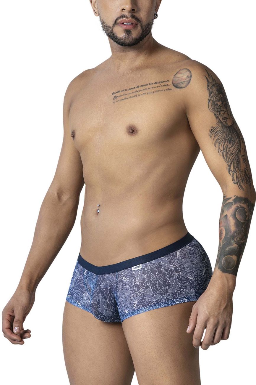 Blue patterned briefs candyMan 99873 water prints trunks with dark blue waistband in blue and white colors