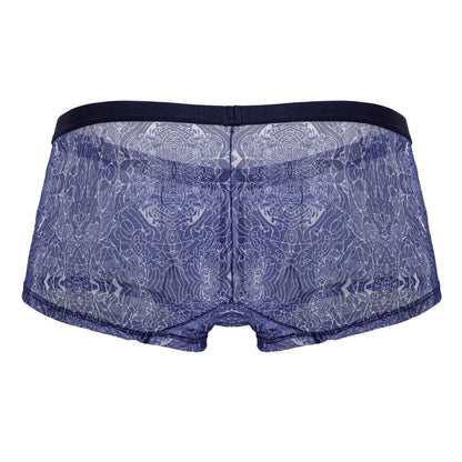 Blue white CandyMan 99873 water prints lace boxer briefs with intricate pattern and solid navy waistband