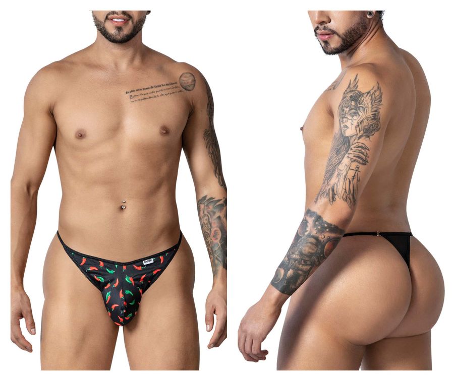 Black thong from CandyMan 99875 featuring a chili pepper print with red and green peppers on black fabric