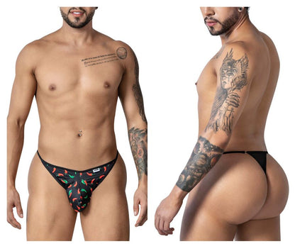 Black thong from CandyMan 99875 featuring a chili pepper print with red and green peppers on black fabric