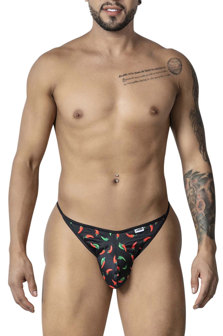 Black candyMan 99875 briefs with a vibrant red and green chili pepper print for a bold stylish look