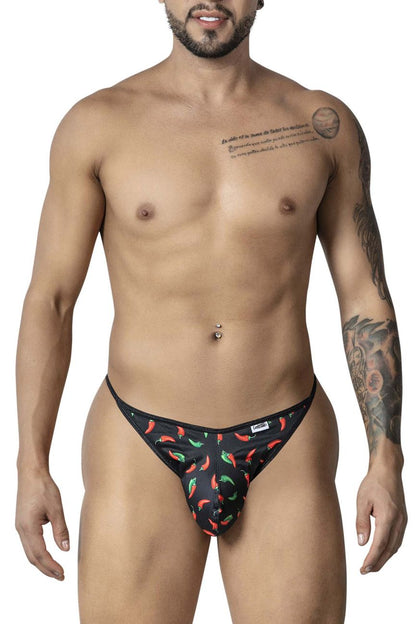 Black candyMan 99875 briefs with a vibrant red and green chili pepper print for a bold stylish look