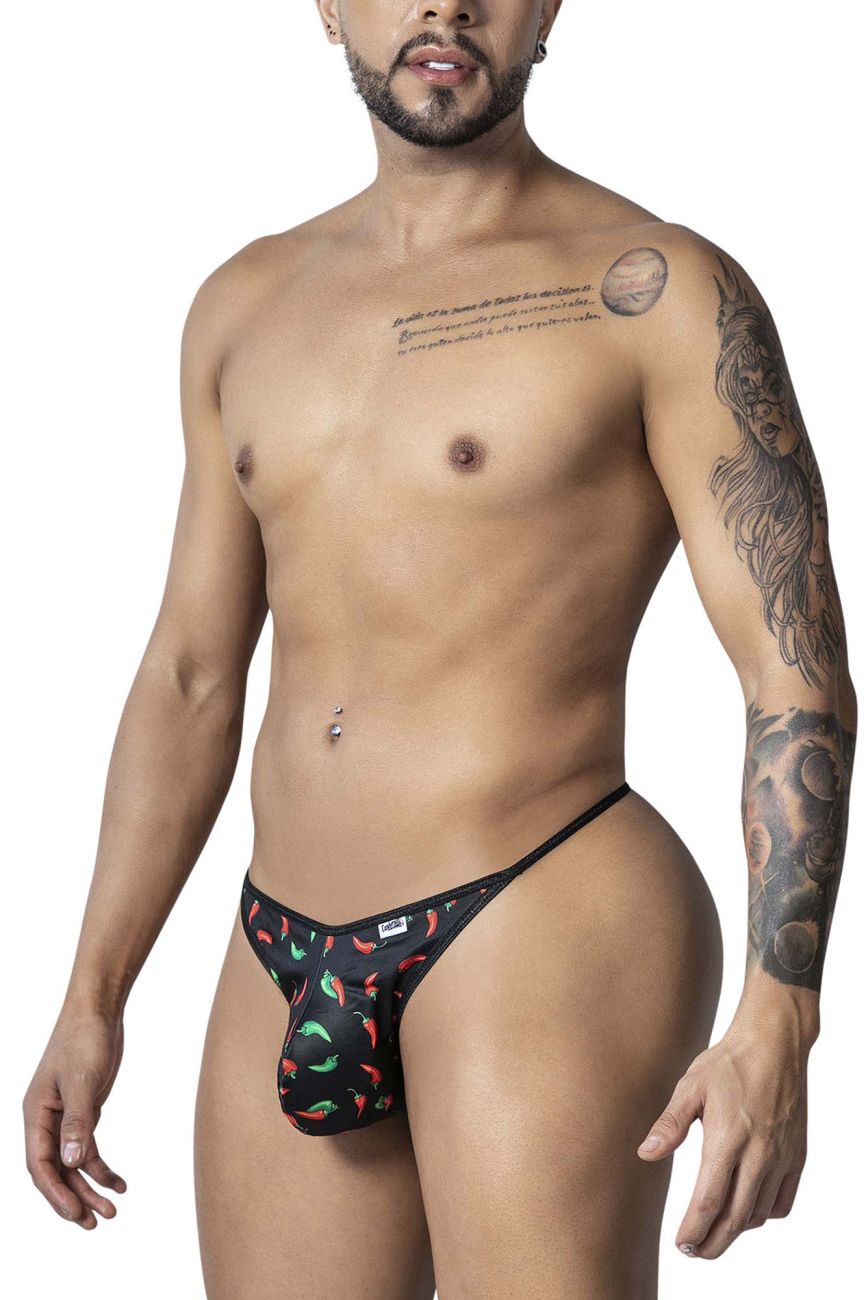Black candy man 99875 thong featuring a chili pepper print in red and green on black fabric