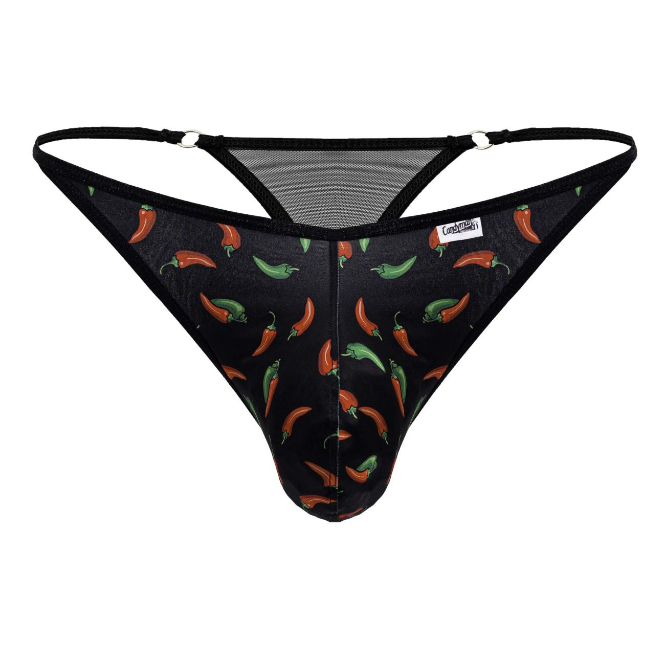 Black candyMan 99875 chili pepper thong with red and green chili print and mesh panels on the back