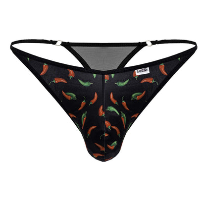 Black candyMan 99875 chili pepper thong with red and green chili print and mesh panels on the back