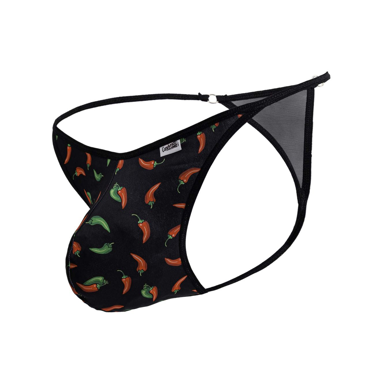 Black CandyMan 99875 chili pepper thong with red and green chili pattern and mesh side panels