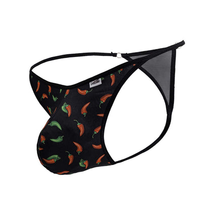 Black CandyMan 99875 chili pepper thong with red and green chili pattern and mesh side panels