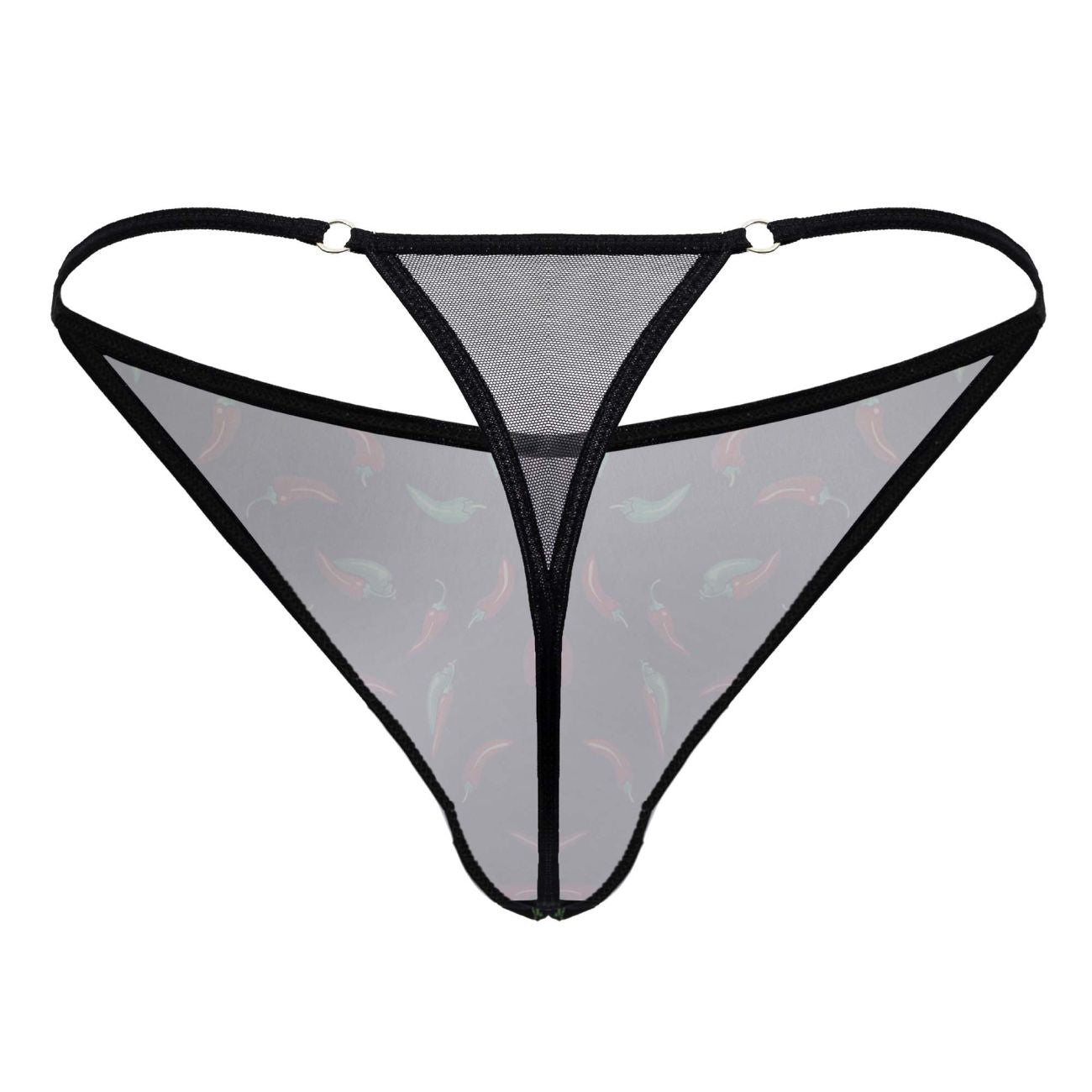 Black trimmed sheer mesh thong with subtle pink and gray fish pattern from candyman 99875 chili pepper thongs