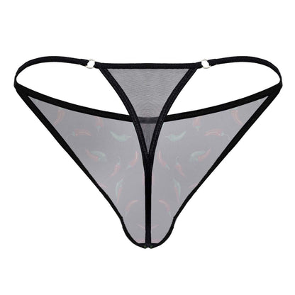 Black trimmed sheer mesh thong with subtle pink and gray fish pattern from candyman 99875 chili pepper thongs