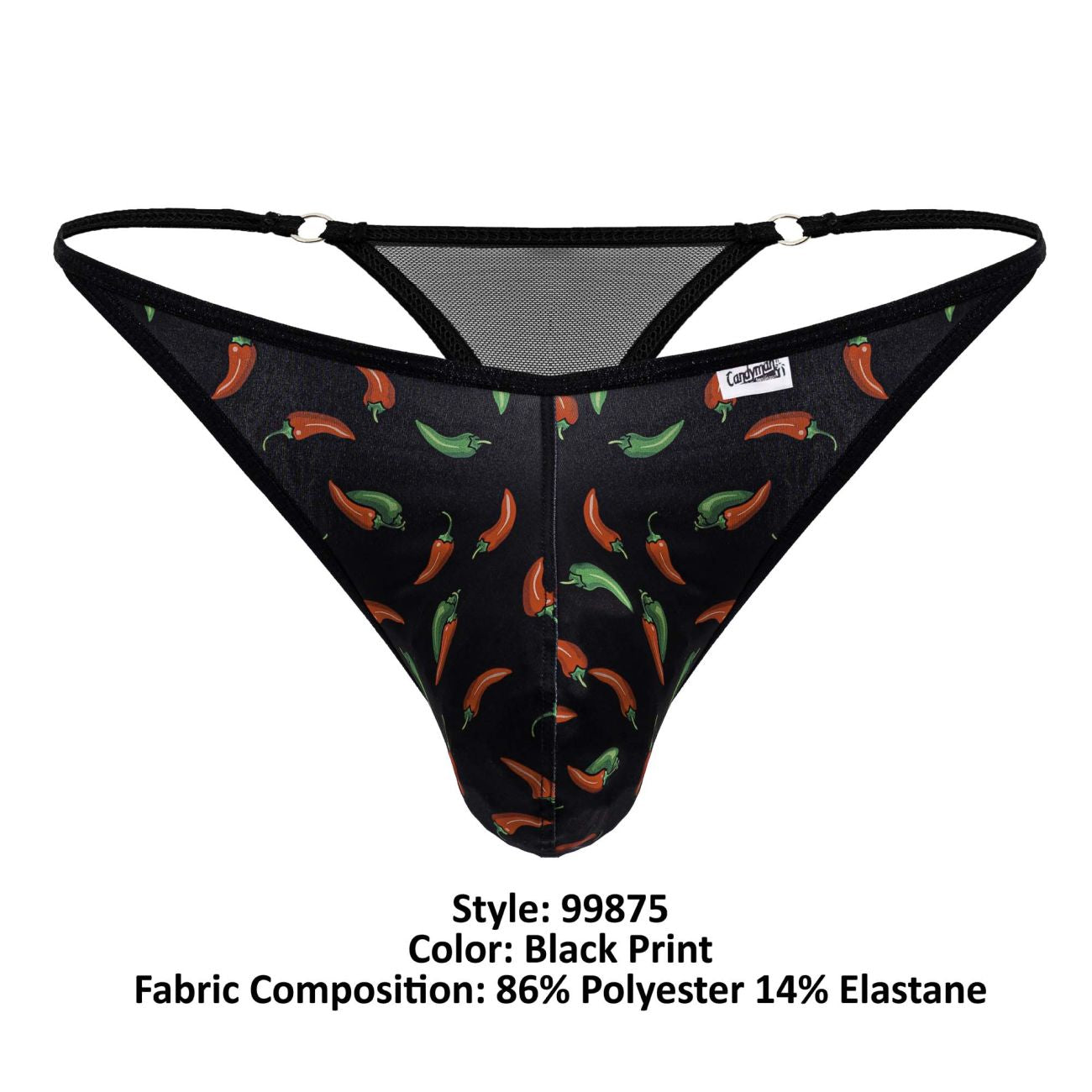 Black candyMan 99875 thong with red and green chili pepper print black elastic straps and mesh back detailing