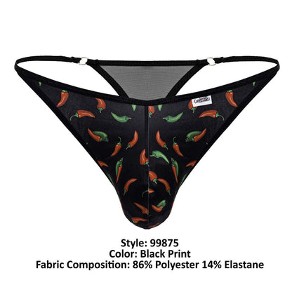 Black candyMan 99875 thong with red and green chili pepper print black elastic straps and mesh back detailing