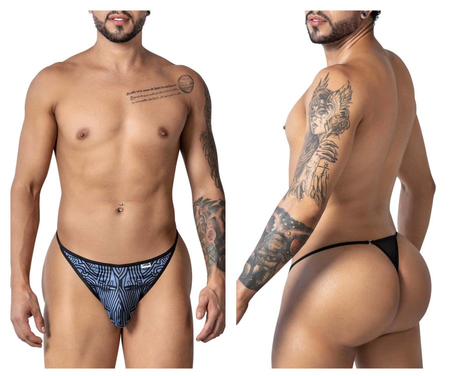 CandyMan 99875 Egyptian thong in gray-black with a black and blue patterned sleek modern design for men