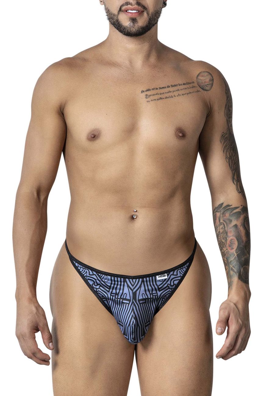 CandyMan 99875 Egyptian thongs in gray and black with a blue and black geometric pattern for men