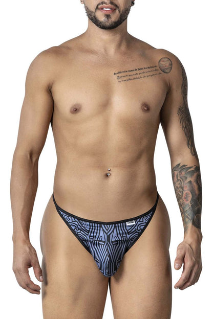 CandyMan 99875 Egyptian thongs in gray and black with a blue and black geometric pattern for men