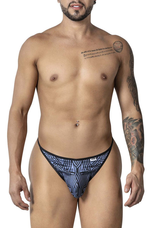 CandyMan 99875 Egyptian thongs in gray and black with a blue and black geometric pattern for men
