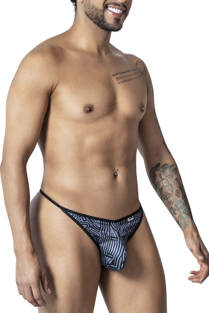 CandyMan 99875 Egyptian thong in gray black with a bold blue and black patterned abstract design for men