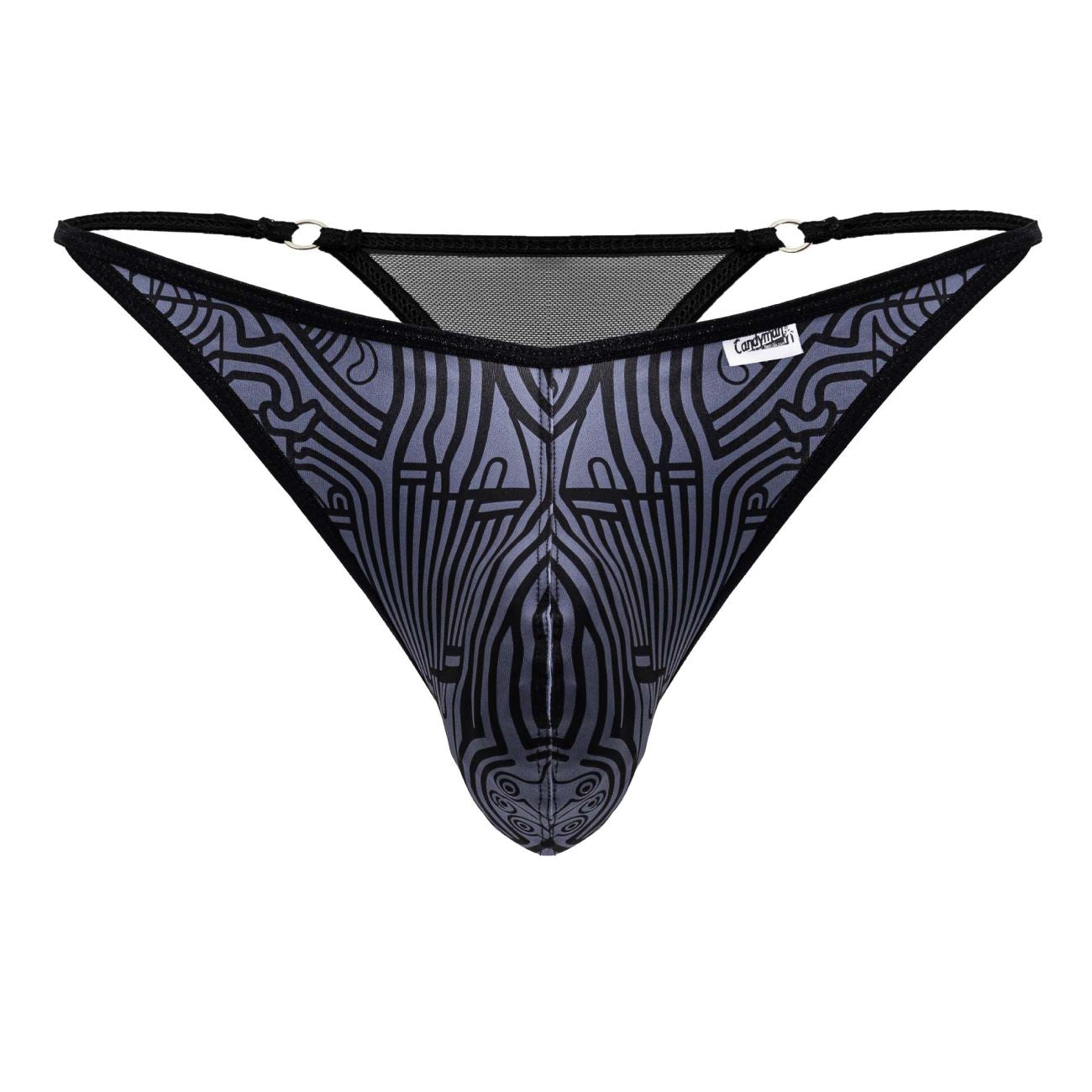 CandyMan 99875 Egyptian thong black and gray patterned mesh with an abstract symmetrical face design
