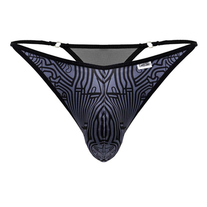 CandyMan 99875 Egyptian thong black and gray patterned mesh with an abstract symmetrical face design