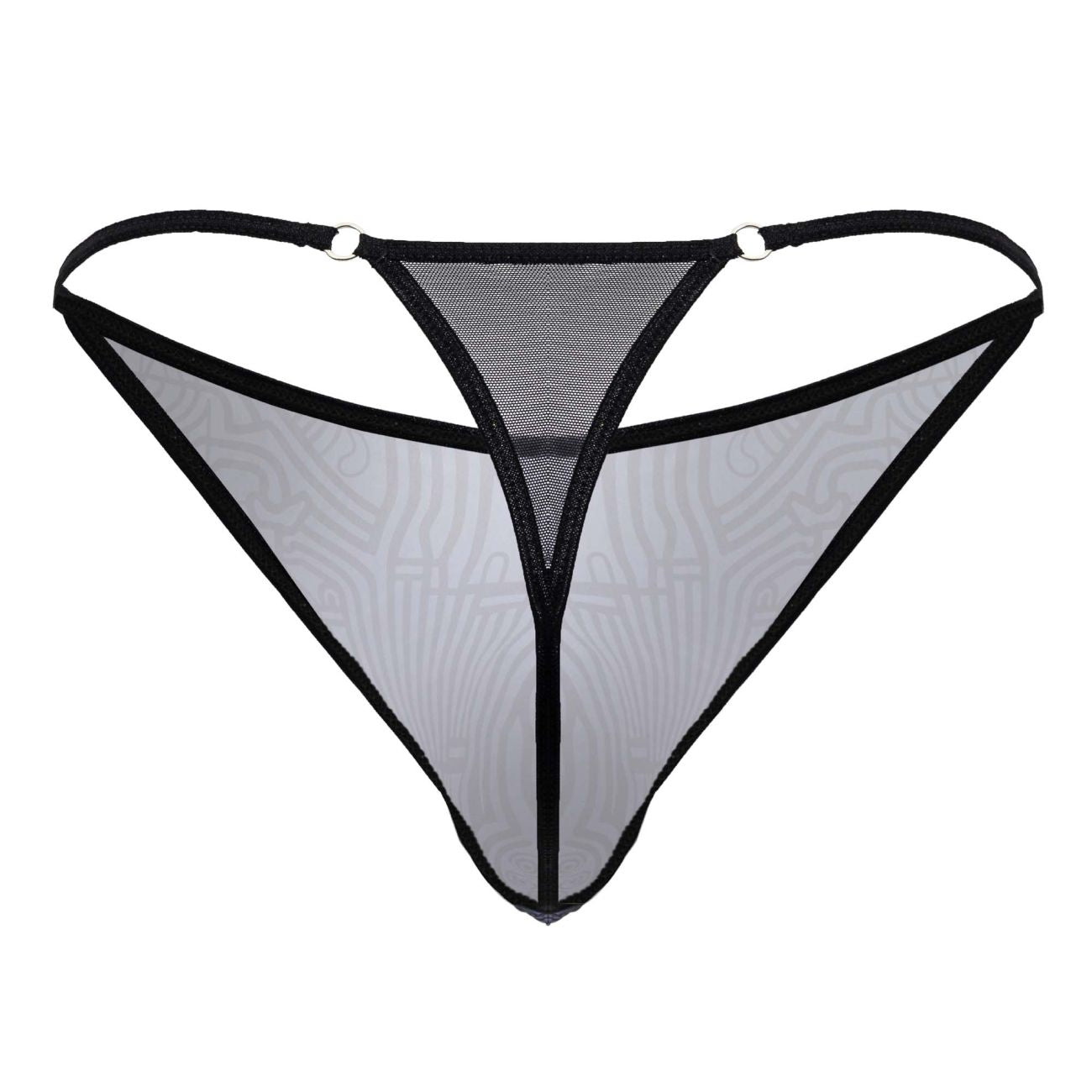 CandyMan 99875 Egyptian thong gray-black sheer mesh with black trim gray pattern and metallic ring attachments