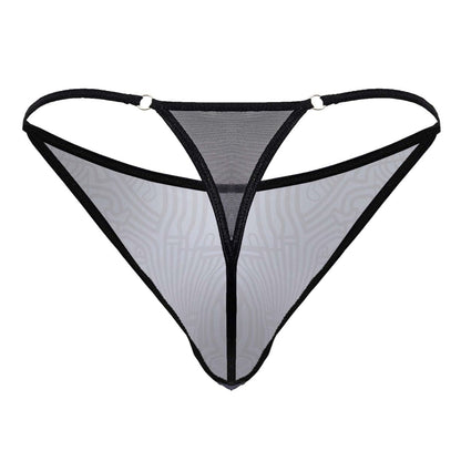 CandyMan 99875 Egyptian thong gray-black sheer mesh with black trim gray pattern and metallic ring attachments