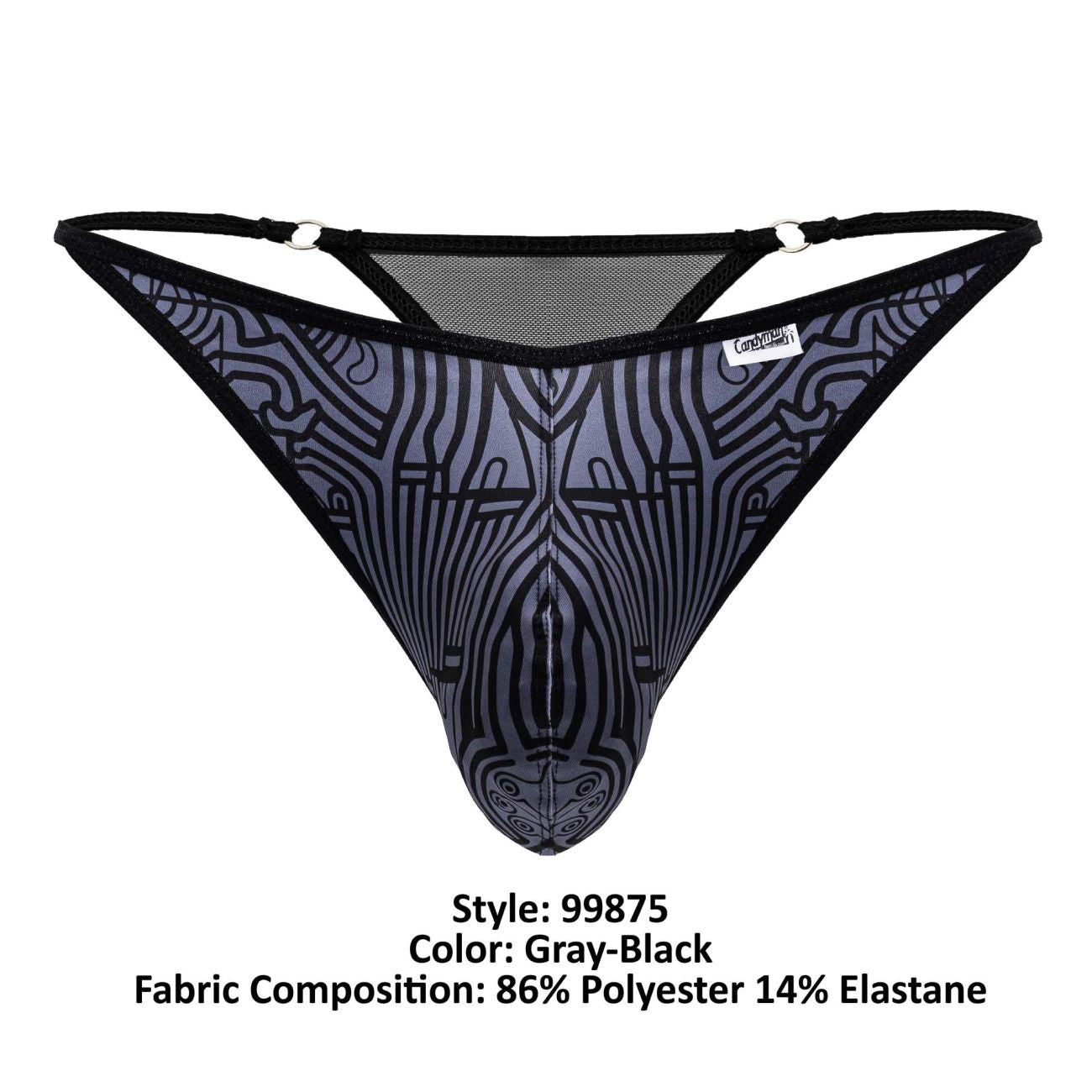 Gray-black patterned mesh CandyMan 99875 Egyptian thong with black trim and stylized zebra design