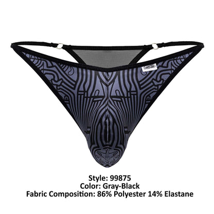 Gray-black patterned mesh CandyMan 99875 Egyptian thong with black trim and stylized zebra design