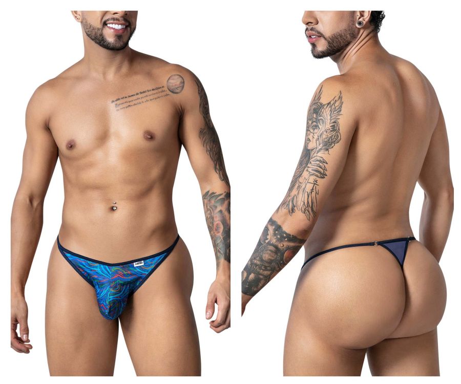 CandyMan 99875 seawater thong with blue multicolor print and black trim for swimwear use viewed from front