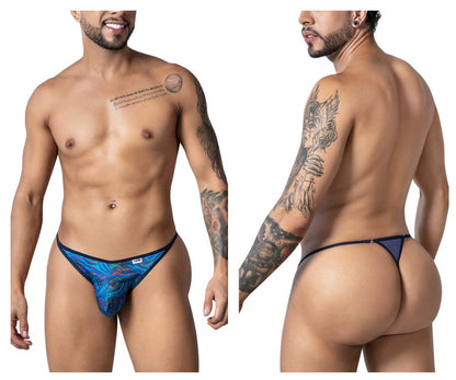 CandyMan 99875 seawater thong with blue multicolor print and black trim for swimwear use viewed from front
