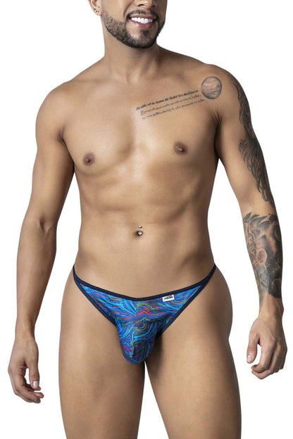 CandyMan 99875 seawater thongs with blue and purple abstract pattern and black trim in multicolor print