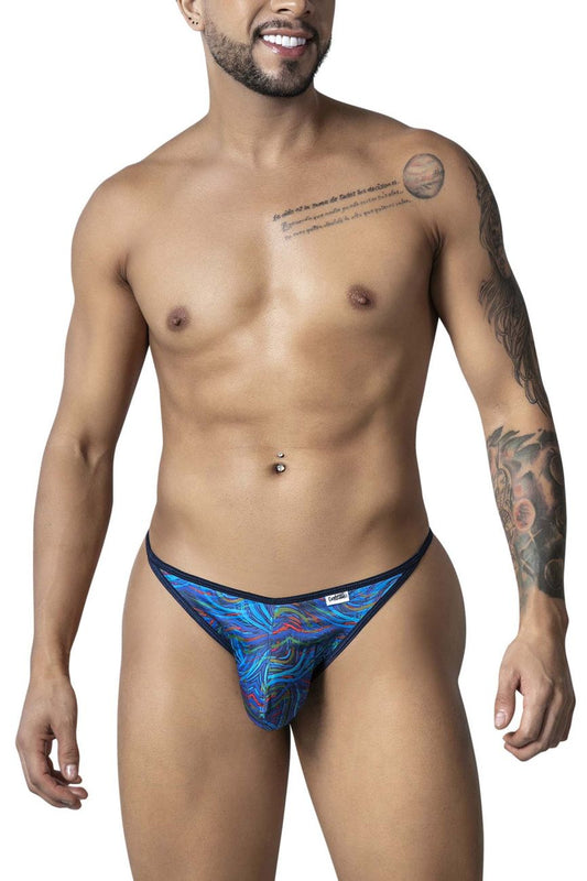 CandyMan 99875 seawater thongs with blue and purple abstract pattern and black trim in multicolor print