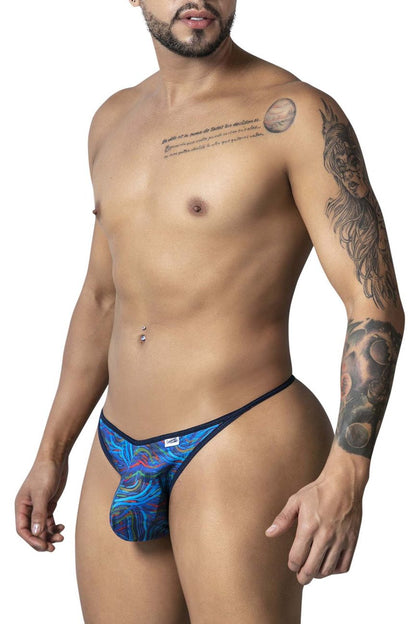 Blue and black patterned CandyMan 99875 Seawater thong with a sleek form-fitting design front view
