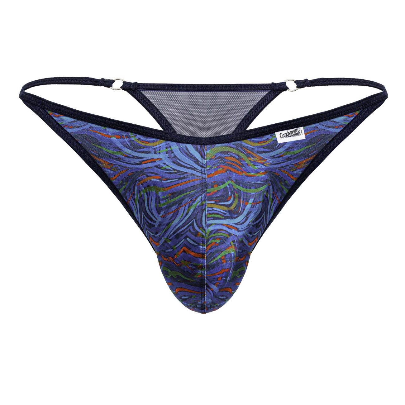 CandyMan 99875 Seawater thong with blue and green abstract print black trim and mesh backband shown from back side