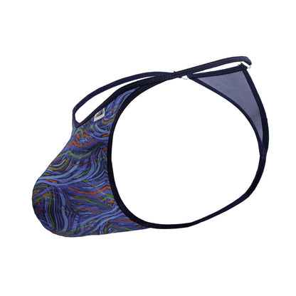 Candyman 99875 seawater thong in blue and multicolored wave-patterned mesh with black trim shown from the back