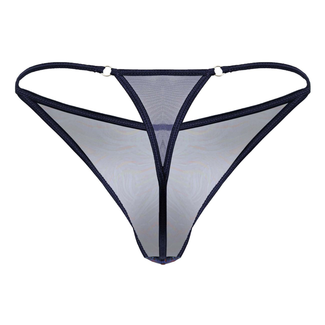Black mesh candyMan 99875 seawater thong with sheer multicolor print and reinforced edges, front view