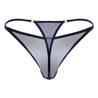 Black mesh candyMan 99875 seawater thong with sheer multicolor print and reinforced edges, front view