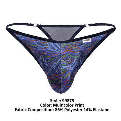 CandyMan 99875 seawater multicolor print thong with abstract wave pattern, polyester elastane blend, black mesh back panel, adjustable straps