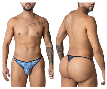 CandyMan 99875 water prints blue-white thong with blue patterned fabric and navy trim, front view