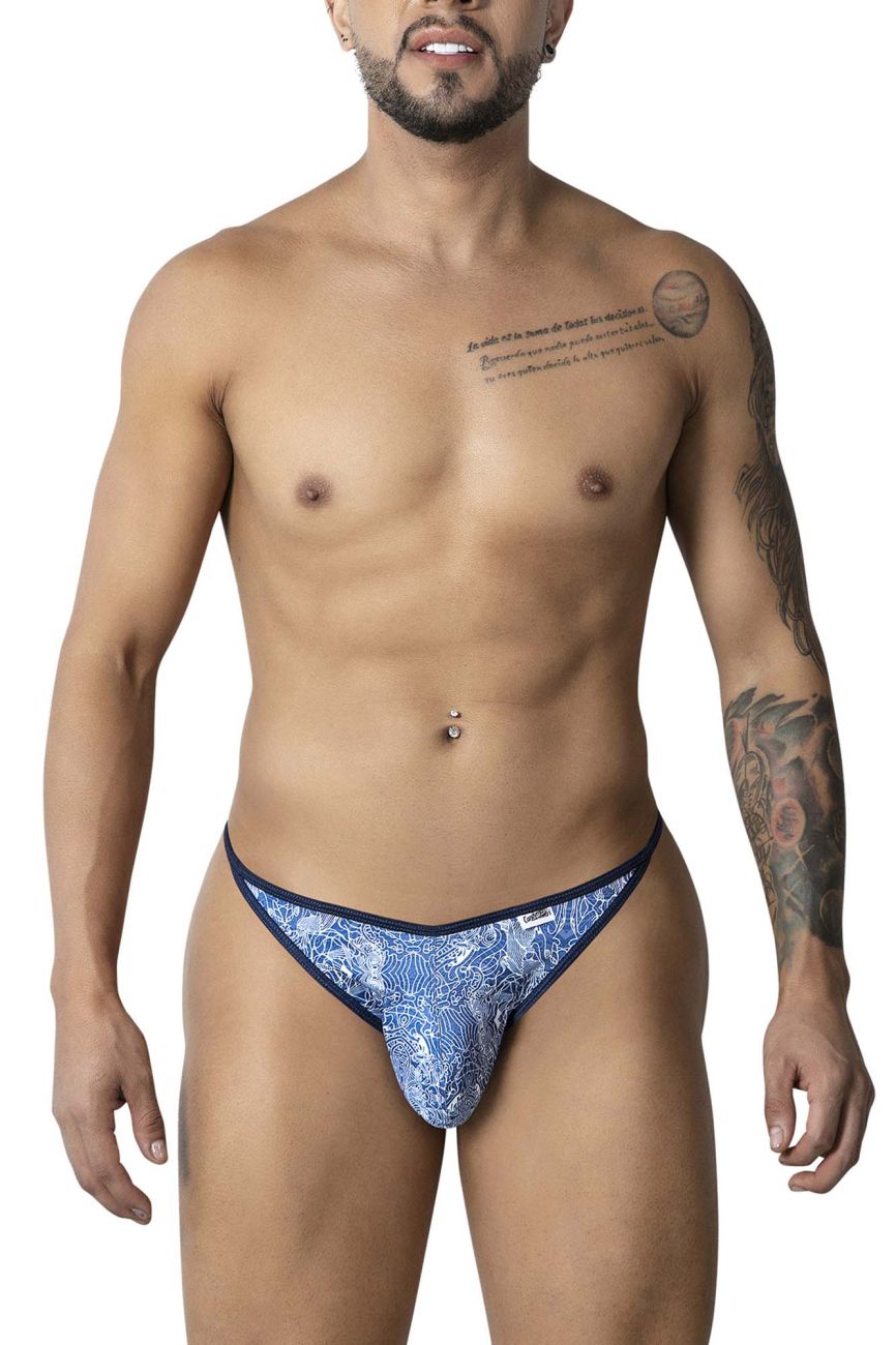 Blue patterned candyMan 99875 thong with navy trim featuring water prints in blue and white colors