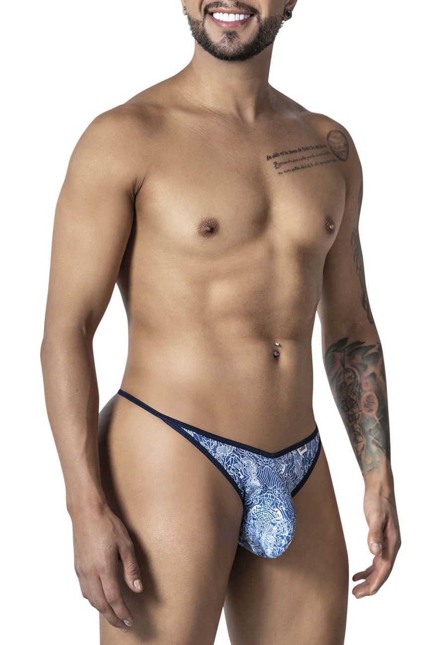 Blue-white patterned CandyMan 99875 thong with dark blue trim showing front side design