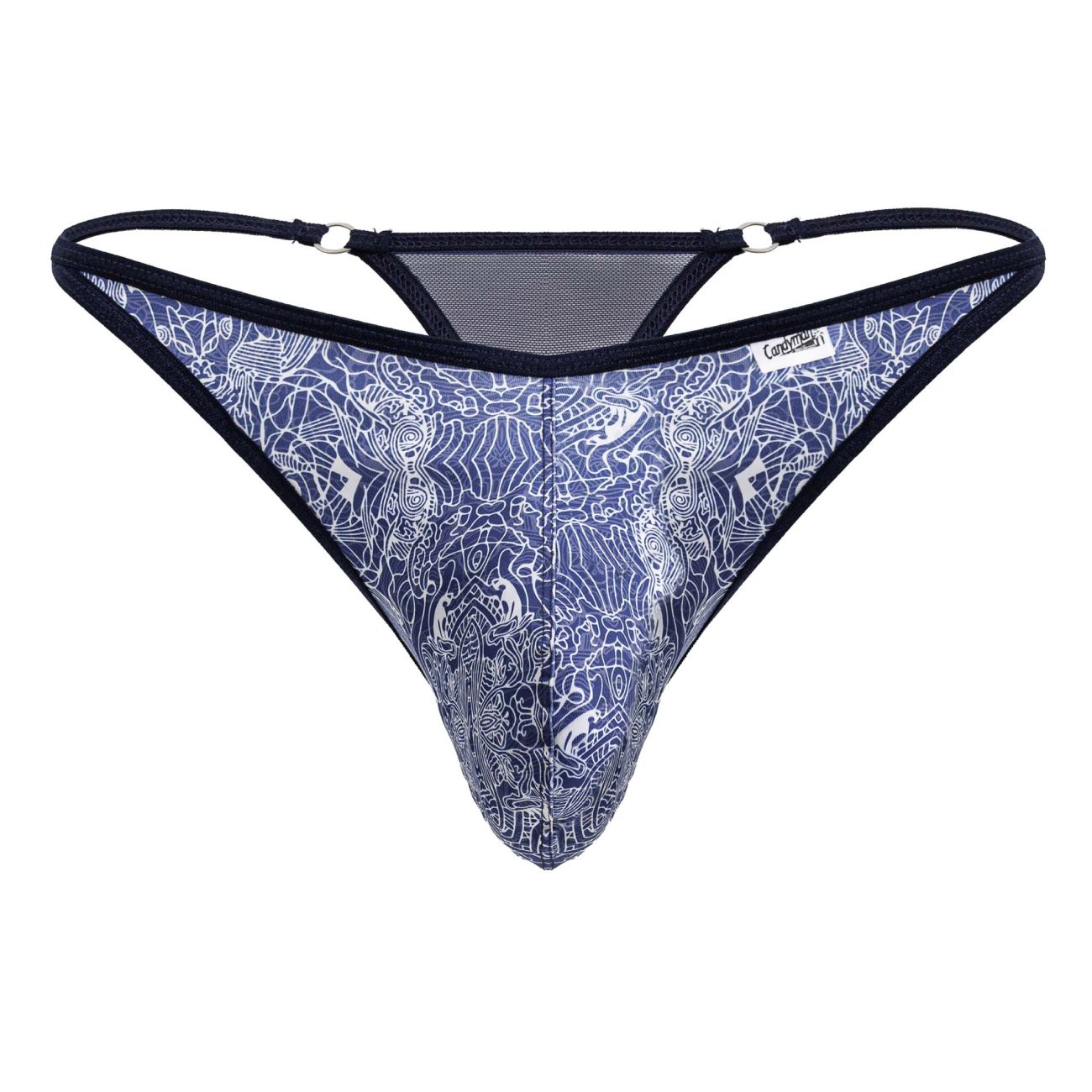 Blue and white patterned thong with black trim from candyman 99875 water prints collection shown from the back side