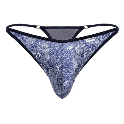 Blue and white patterned thong with black trim from candyman 99875 water prints collection shown from the back side