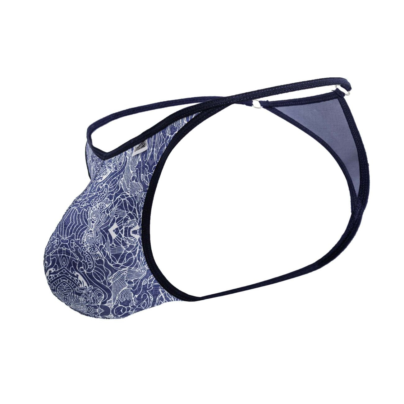 CandyMan 99875 blue and white patterned men’s briefs with intricate designs and black trim for comfortable wear