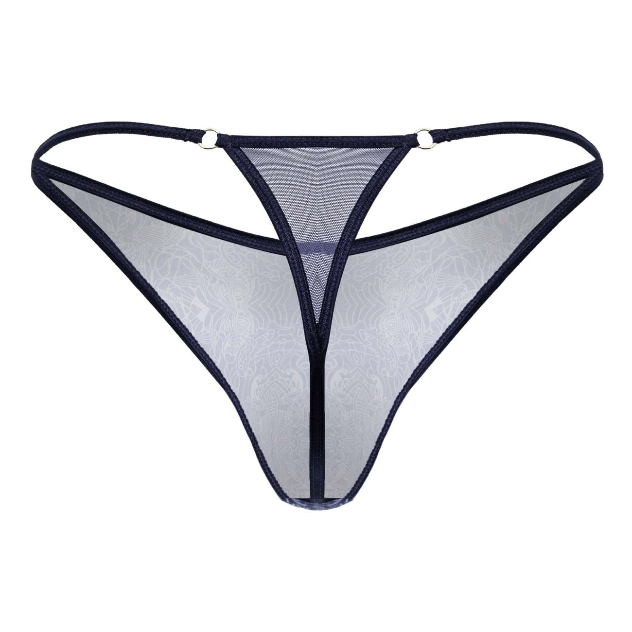 CandyMan 99875 sheer mesh thong with black trim and subtle floral pattern in blue and white shown from back