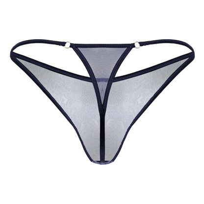 CandyMan 99875 sheer mesh thong with black trim and subtle floral pattern in blue and white shown from back