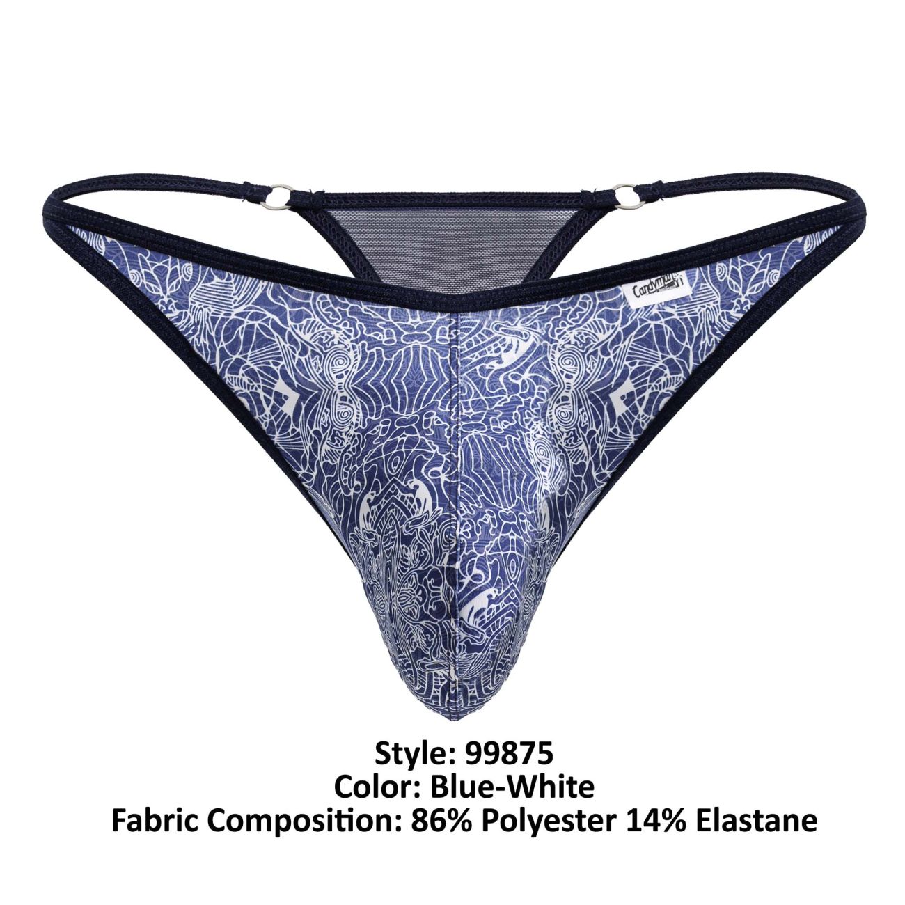 Blue-white patterned CandyMan 99875 thong with intricate white line art, black elastic straps, and mesh back detailing